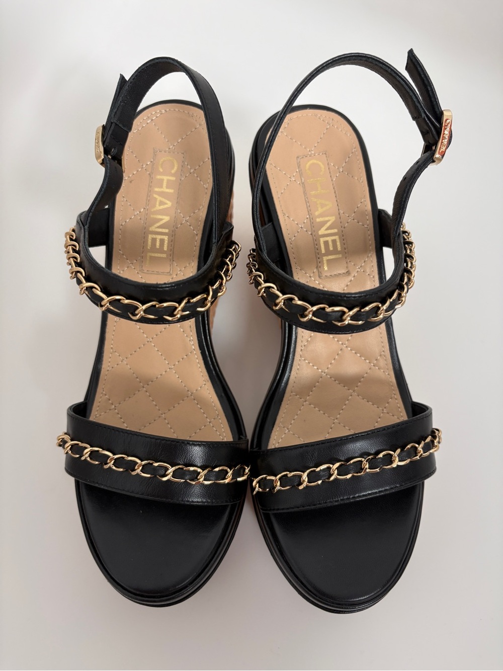 CHANEL Black 20C Leather CC Chain Wicker Wedge Sandal EU 38 / US 8